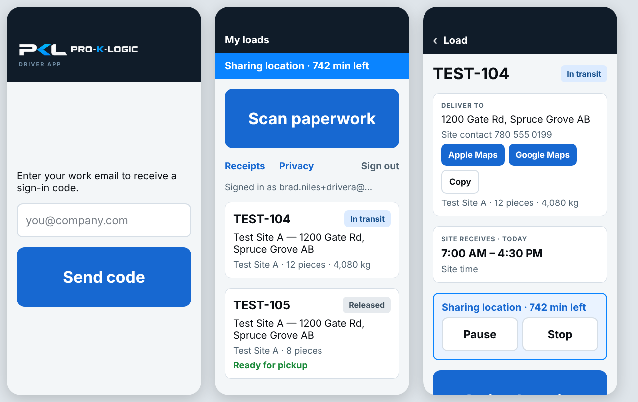 The Pro-K-Logic driver app: sign-in, the driver's loads, and a load page with directions, site receiving hours and location sharing